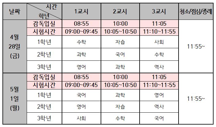 1학기 중간고사 시간표
